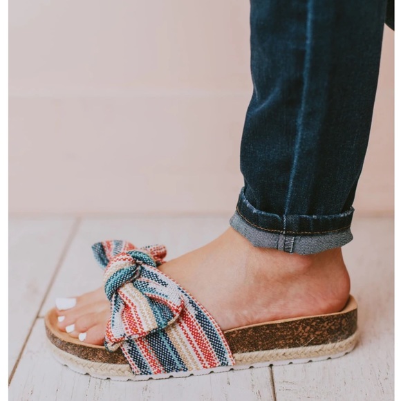 Multi Colored Slip On Linen Fabric Bow Sandals - Picture 5 of 11